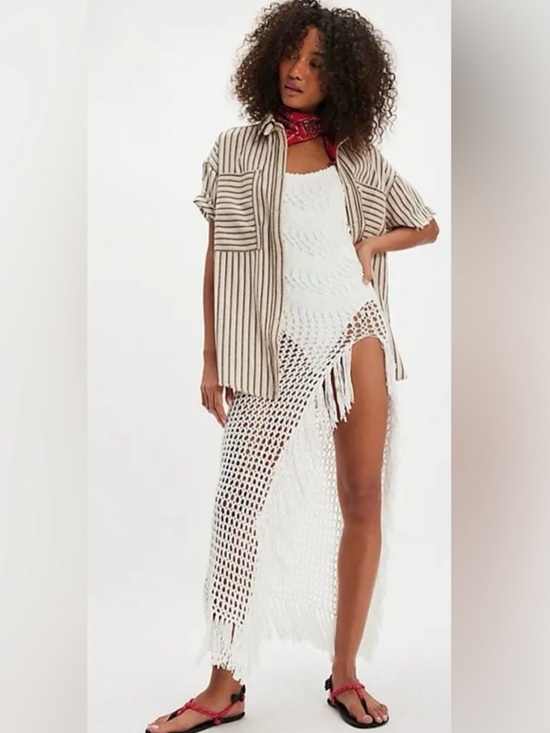 Striped Short-Sleeve Button Front Top in Beige - Picture 2 of 7